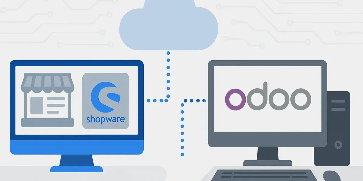 Cloudbasierte Verbindung zwischen Shopware-Webshop und Odoo-ERP-System auf zwei Monitoren visualisiert.