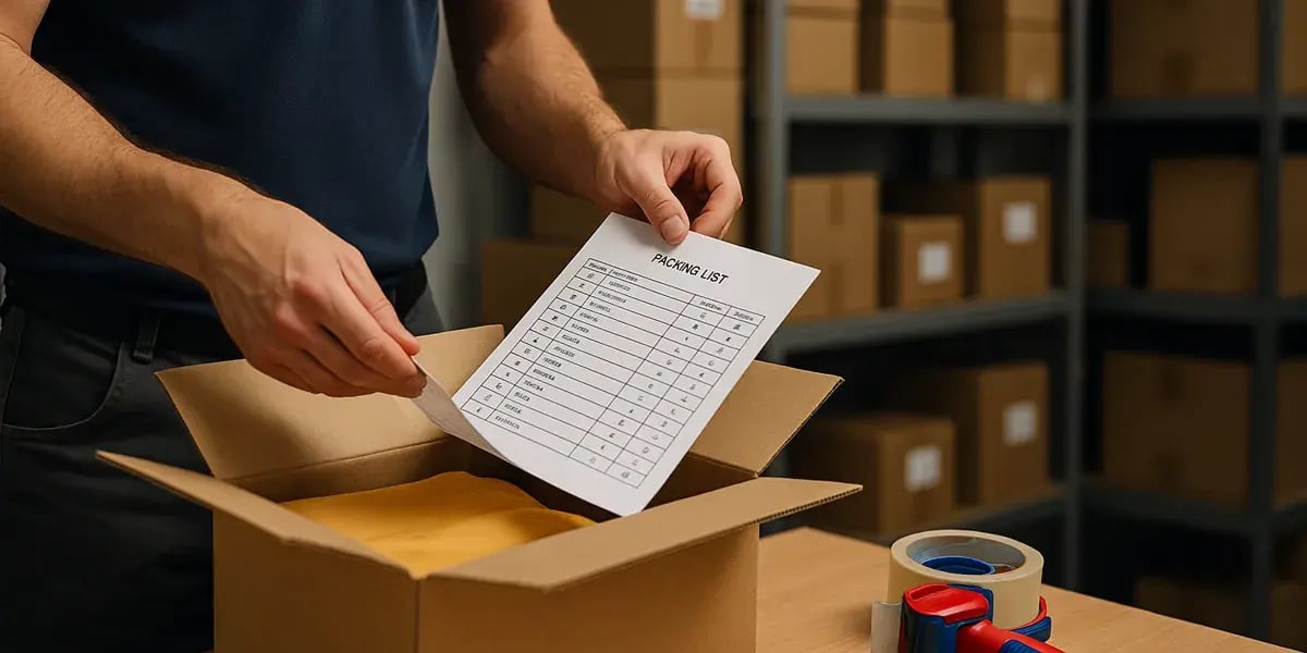 Mitarbeiter legt Packliste in einen Karton mit Kleidung, daneben Klebeband und Packtisch im Lagerbereich.