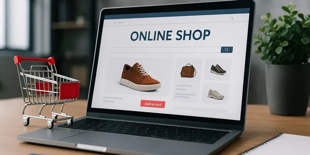 Laptop mit geöffneter Onlineshop-Oberfläche zeigt Schuhe und Taschen, daneben ein Miniatur-Einkaufswagen auf dem Tisch.