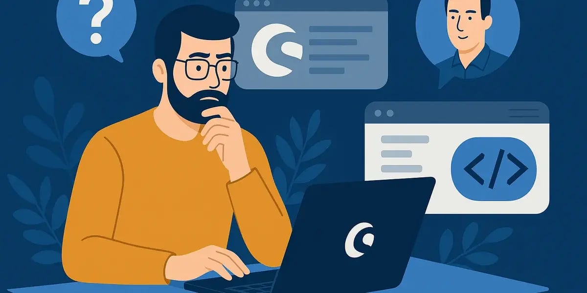 Illustration eines Entwicklers mit Brille, der nachdenklich vor einem Shopware-Laptop sitzt, mit Symbolen für Code, Kommunikation und Problemlösung.