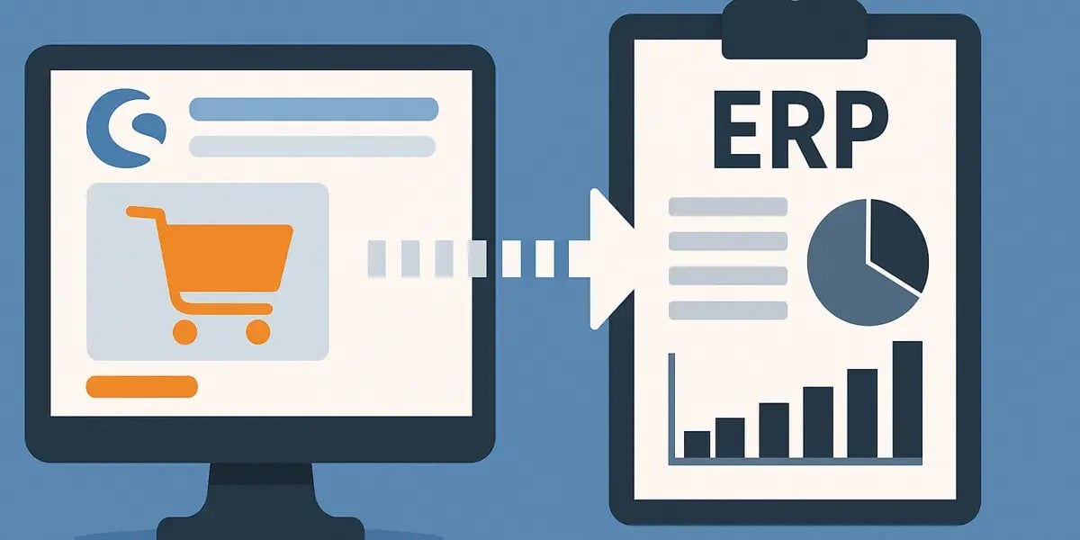 Illustration der Integration eines Warenkorbsystems mit einem ERP-Dashboard inklusive Diagrammen und Analysen