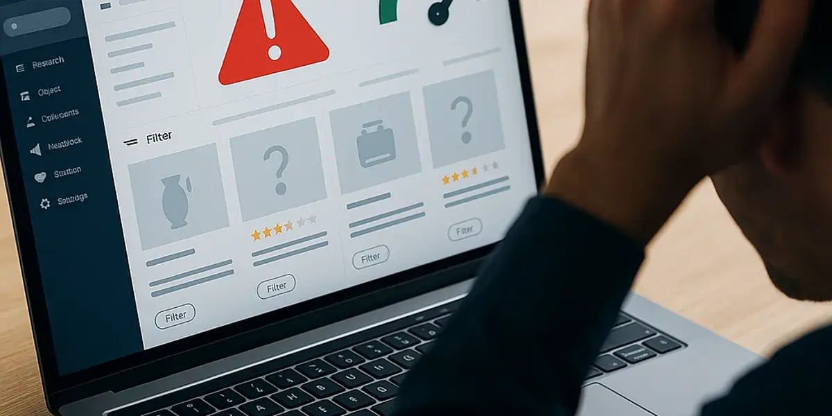 Verzweifelter Nutzer blickt auf Laptop mit Warnanzeige und fehlerhafter Produktdarstellung im Onlineshop-Backend.