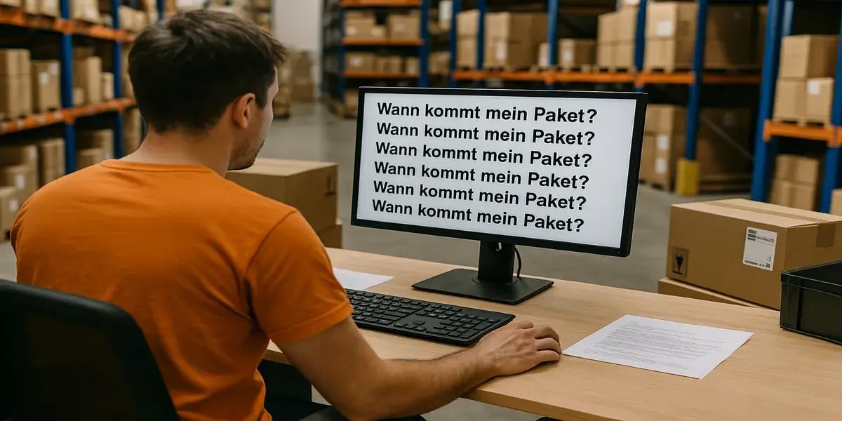 Mitarbeiter im Lager schaut auf Monitor, auf dem mehrfach die Frage „Wann kommt mein Paket?“ angezeigt wird.