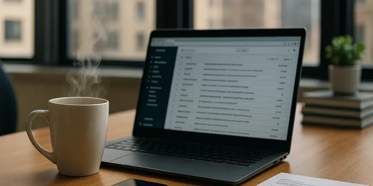 Laptop mit geöffneter E-Mail-Ansicht, dampfender Kaffee und Smartphone auf einem Holzschreibtisch im Büro