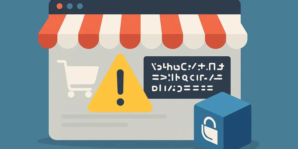 Illustration eines Online-Shops mit Warnsymbol und verschlüsseltem Text – Darstellung einer verschlüsselten Fehlermeldung im Webshop.