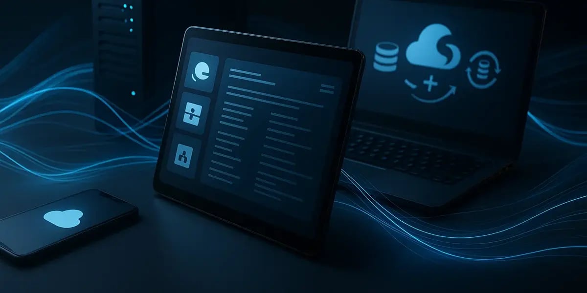 Digitale Darstellung von Cloud-Computing auf Laptop, Tablet und Smartphone mit blauen Lichteffekten und Datenserver im Hintergrund.