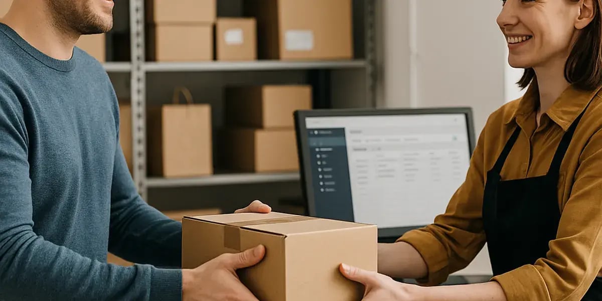 Mitarbeiterin übergibt Paket an Kunden in einem Lager mit Versandkartons und Computerkasse.