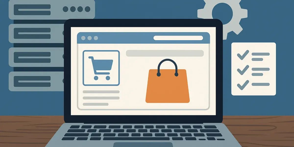 Illustration eines Laptops mit Einkaufswagenseite und Symbolen für Server und Einstellungen