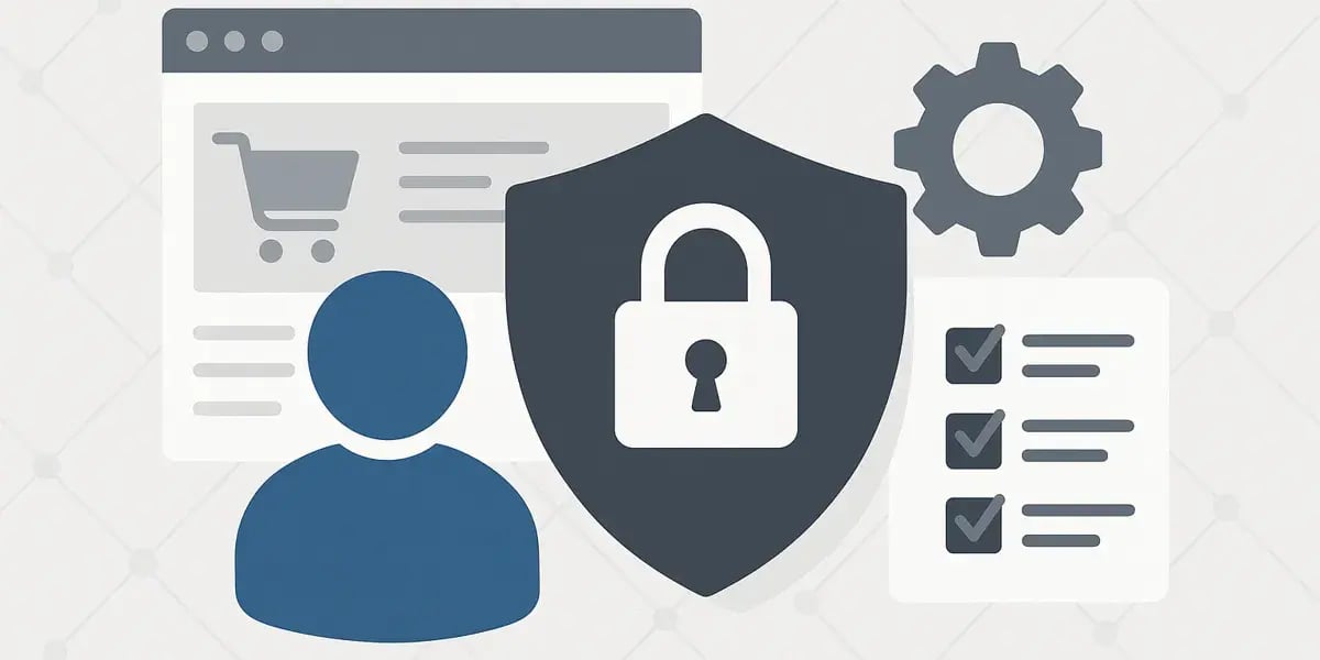Symbolische Darstellung von Datenschutz im E-Commerce mit Einkaufswagen, Nutzer-Icon, Häkchenliste und Sicherheitsschild.