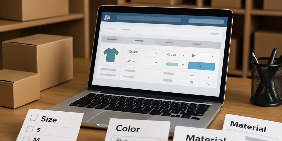 Laptop mit geöffneter Produktverwaltung für Modeartikel, im Hintergrund Kartons und Auswahlkarten für Größe, Farbe und Material.