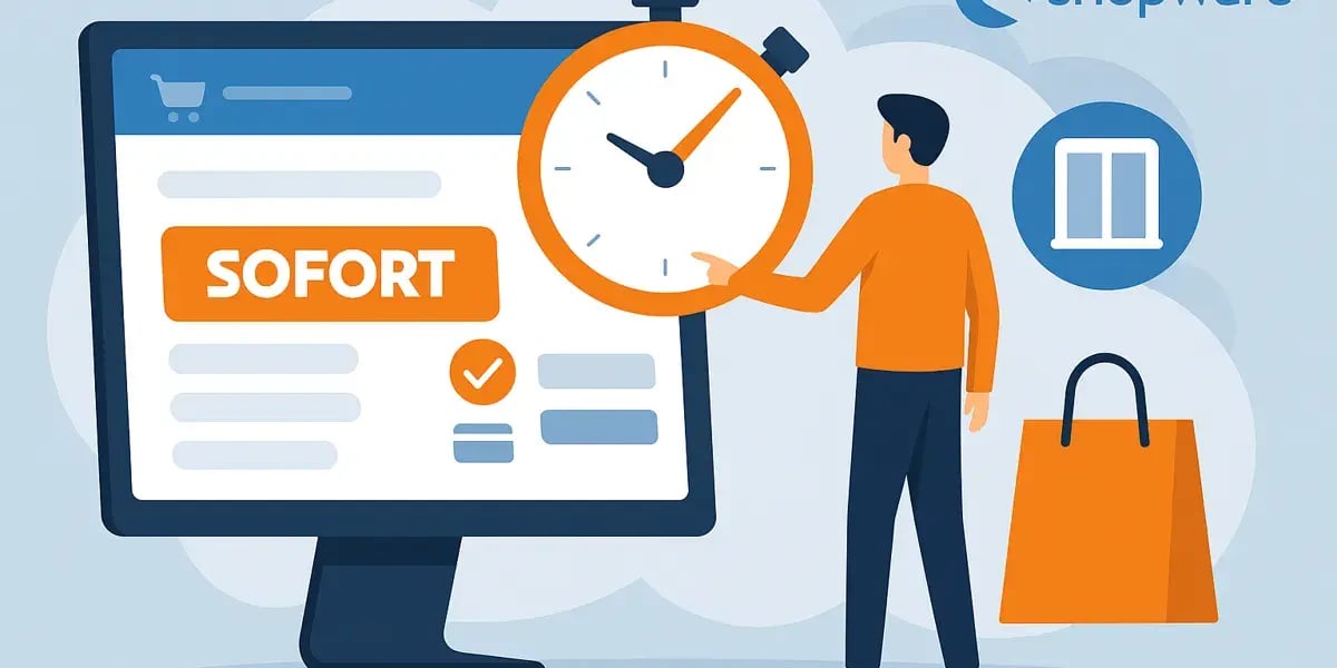 Illustration eines Online-Shops mit „SOFORT“-Bezahlmethode, Mann zeigt auf große Uhr vor Bildschirm mit Shopware-Logo.