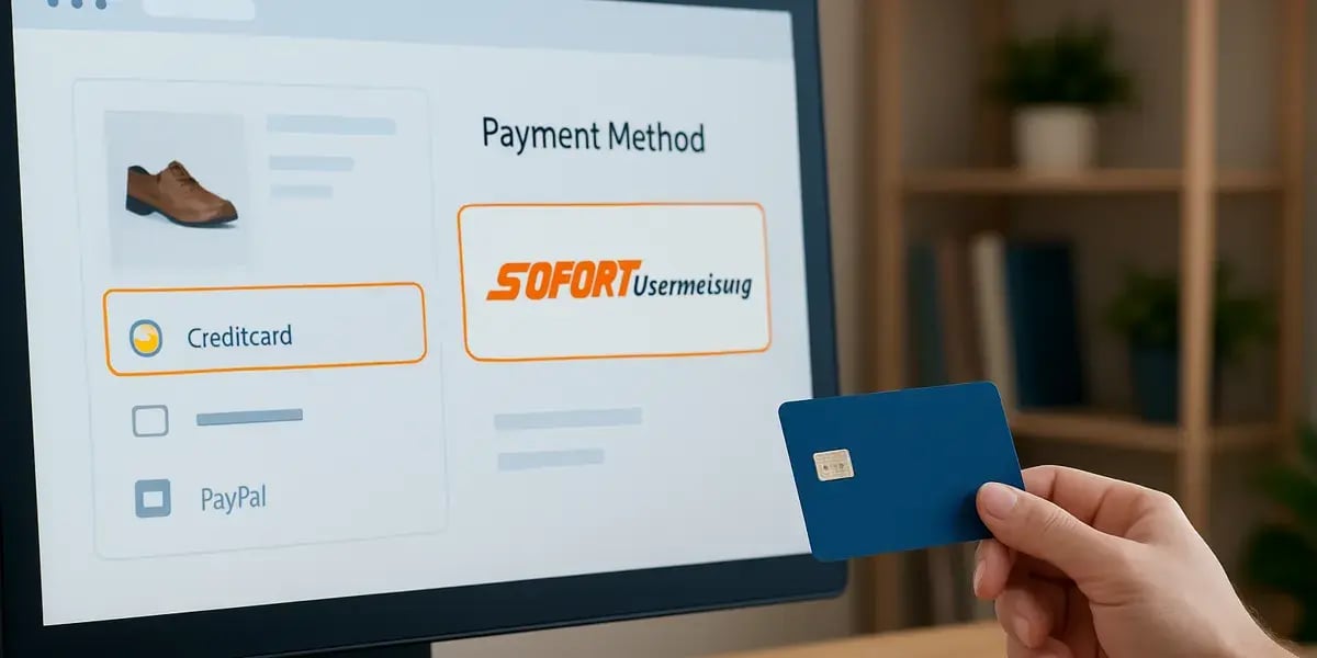 Online-Bezahlseite mit Auswahl zwischen Kreditkarte, SOFORT-Überweisung und PayPal, Hand hält blaue Kreditkarte.