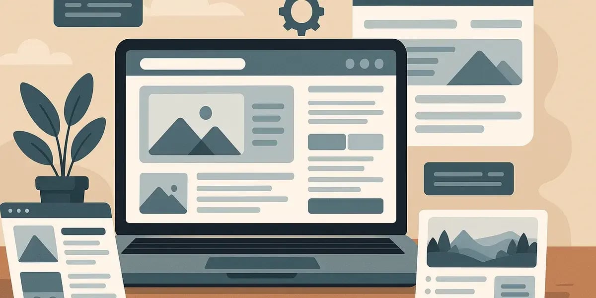 Illustration eines Laptops mit geöffnetem Online-Shop, umgeben von zusätzlichen Webseiten-Fenstern und Symbolen für Inhalte und Einstellungen.