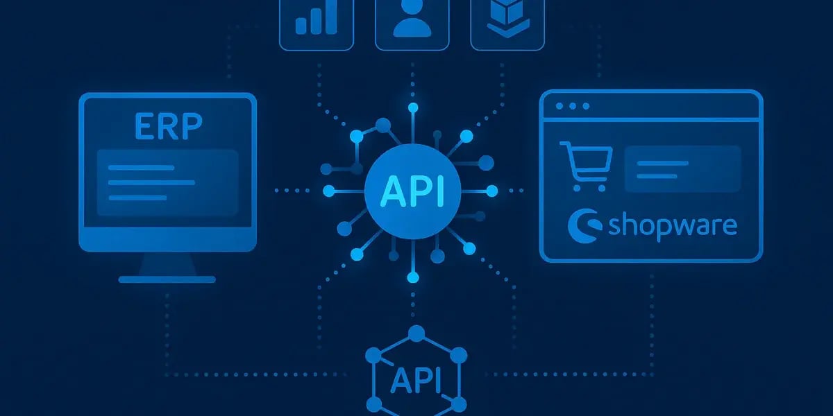 Grafische Illustration einer API-Integration zwischen ERP-System und Shopware-Plattform mit verbundenen Datenpunkten.