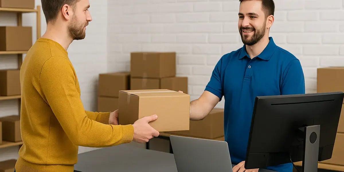 Mitarbeiter händigt einem Kunden ein Paket aus, beide lächeln an einem Verkaufstresen mit Laptop und Monitor.