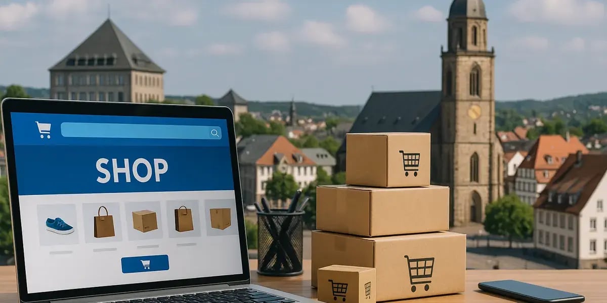 Laptop mit geöffneter Shop-Seite und Versandkartons im Vordergrund – Stadtkulisse im Hintergrund.