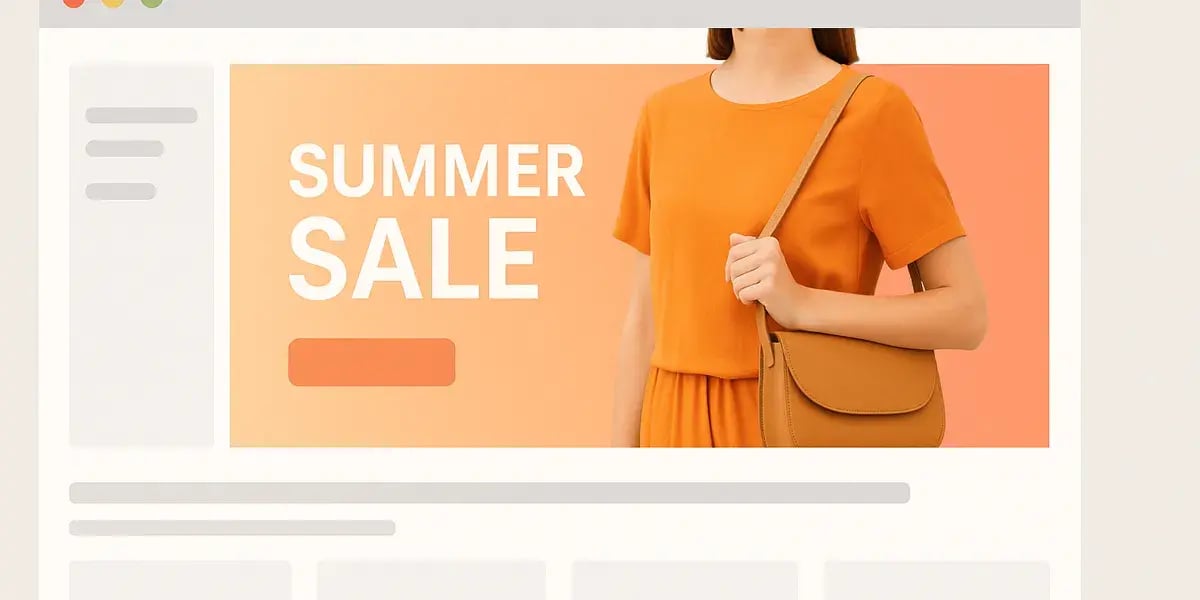 Onlineshop-Banner mit „Summer Sale“-Ankündigung und Frau in orangem Kleid mit brauner Handtasche.