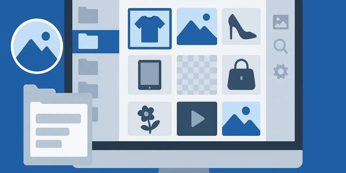 Illustration eines Desktop-Monitors mit Dateiverwaltungssystem, in dem verschiedene Produkt- und Mediensymbole wie Kleidung, Schuhe und Bilder angezeigt werden.