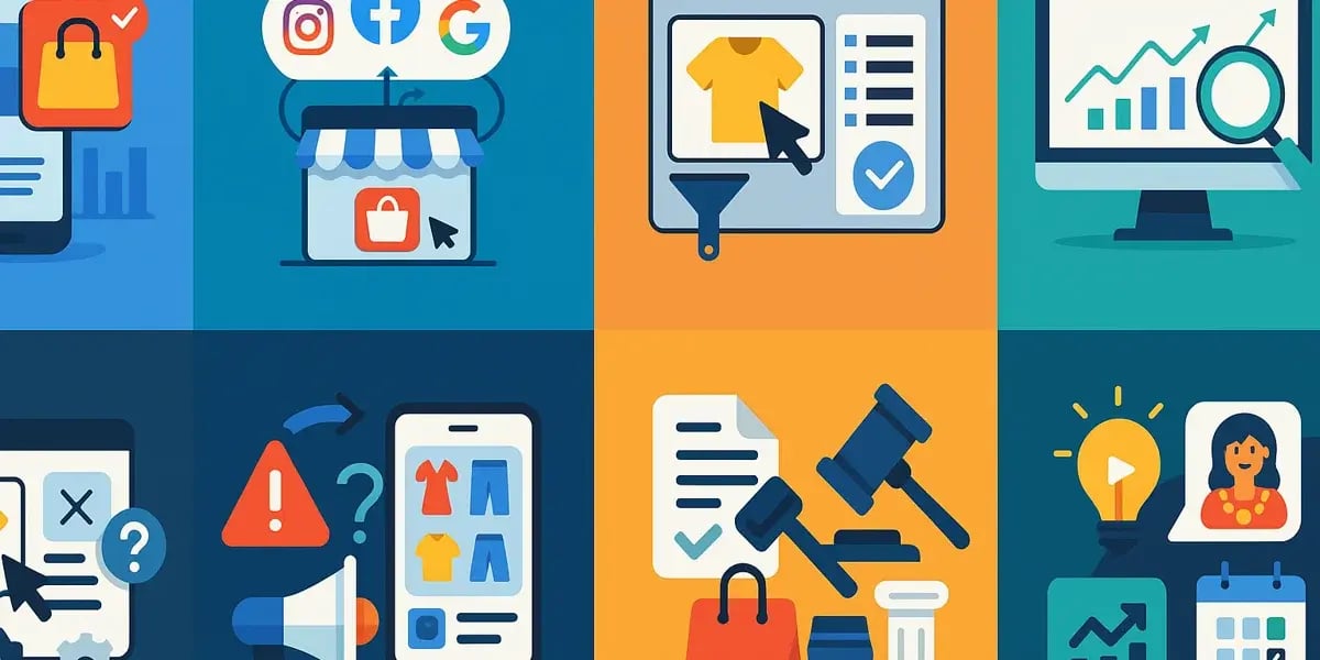 Bunte Infografik mit Symbolen für E-Commerce, Marketing, Recht, Analysen und Produktverwaltung, angeordnet in einem Raster aus acht Kacheln.