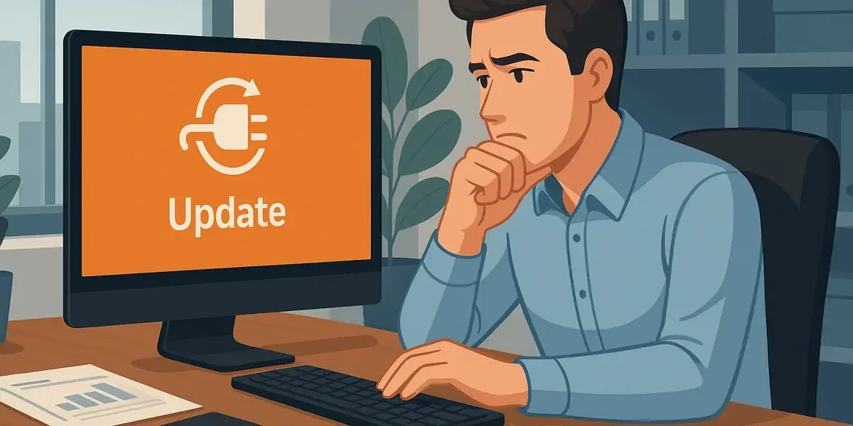 Illustration eines nachdenklichen Mannes am Schreibtisch, der vor einem Monitor mit einem Update-Symbol sitzt.