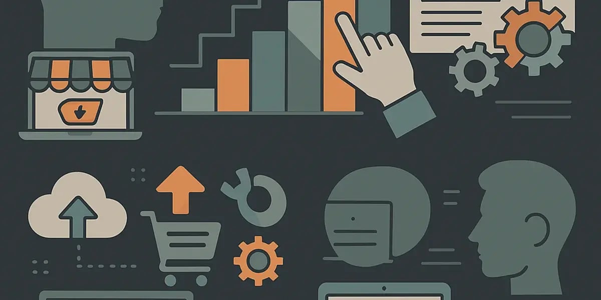 Neonblaue Illustration zu Shopware-Themen mit Symbolen für Agentur, Projektmanagement, Migration und Design-Optimierung.