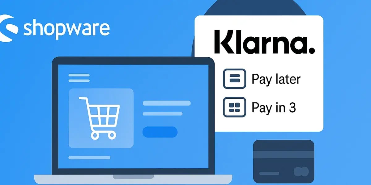 Eine Illustration zeigt die Integration von Klarna-Zahlungsmethoden in einen Shopware-Onlineshop. Zu sehen sind ein Laptop mit Einkaufswagensymbol und Klarna-Optionen „Pay later“ und „Pay in 3“.