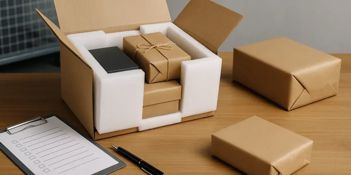 Offener Versandkarton mit schaumstoffgeschütztem Inhalt neben Checkliste und verpackten Päckchen auf Tisch