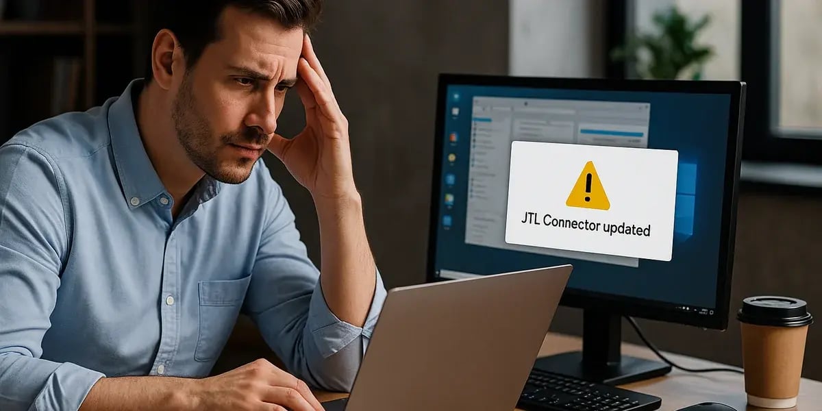 Foto eines besorgten Mannes am Laptop, während auf dem Monitor eine Warnmeldung zur Aktualisierung des JTL Connectors erscheint.
