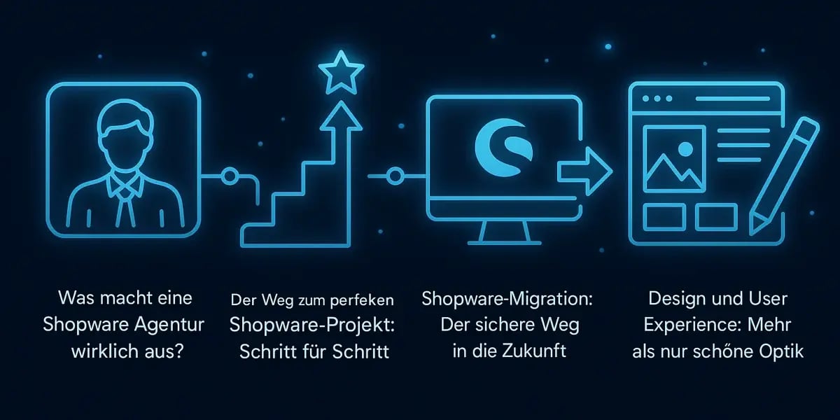 Infografik mit Symbolen zu E-Commerce, UX, Wachstum und Automatisierung, inklusive Shopware-Logo und grafischen Diagrammen.