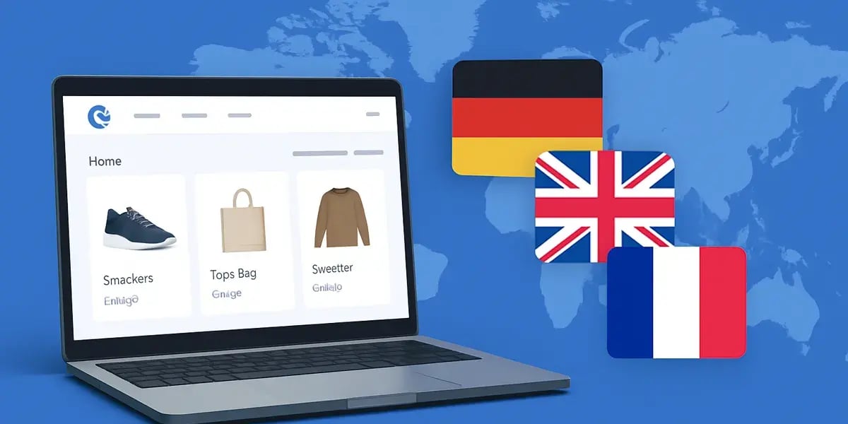 Laptop mit Online-Shop-Oberfläche vor Weltkarte, daneben Landesflaggen für Deutschland, Großbritannien und Frankreich.