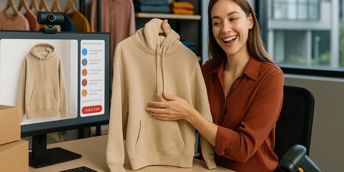 Junge Frau präsentiert einen beigefarbenen Hoodie vor der Kamera für einen Online-Shop, während auf dem Monitor Produktdetails angezeigt werden.