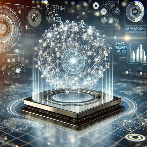 Futuristische Illustration eines Mikroprozessors mit einem holografischen, vernetzten Datenmodell darüber. Umgeben von Symbolen für Datenmodelle, Sicherheit und Technologie. Symbolisiert KI, Big Data und digitale Innovation.
