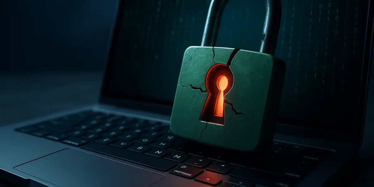 Laptop mit gesprungenem Vorhängeschloss und leuchtendem Schlüsselloch als Symbol für Datenpanne oder Sicherheitsverletzung.