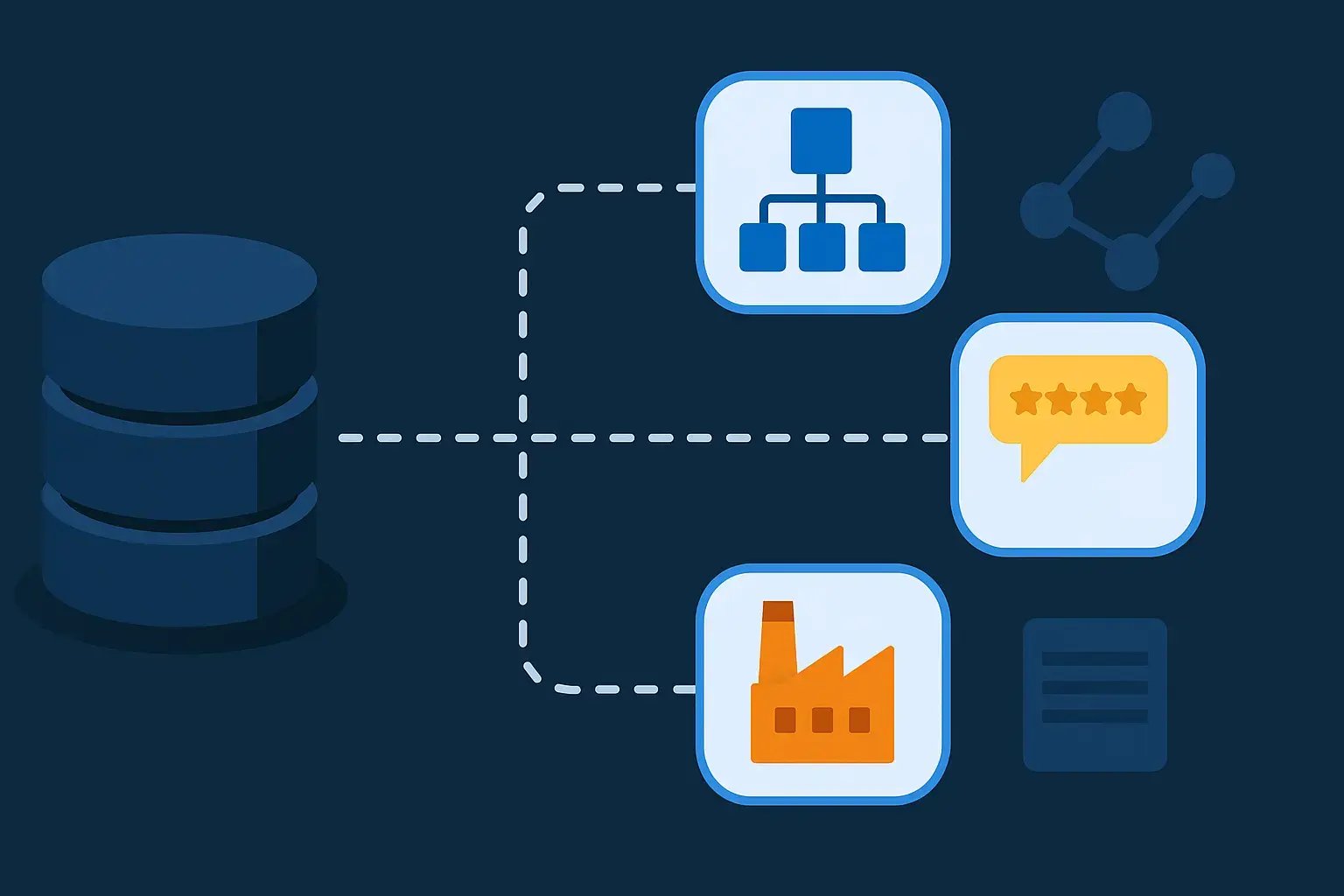 Grafische Darstellung eines Datenbankmodells, das den Fluss von Bewertungen, Fabriken und Netzwerken zeigt. Dies symbolisiert die Analyse von Produktdaten.