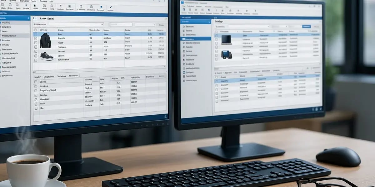Zwei Monitore mit Produkt- und Lagerverwaltungssoftware, davor Tastatur, Kaffeetasse und Brille.
