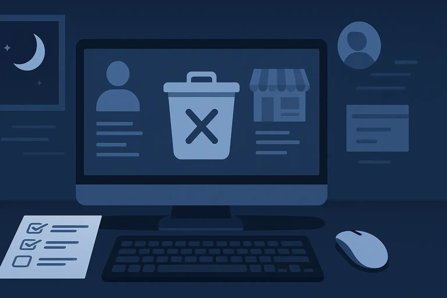 Ein Computerbildschirm zeigt eine Benutzeroberfläche mit einem Papierkorb-Symbol und Benutzerinformationen in einer dunklen Umgebung.