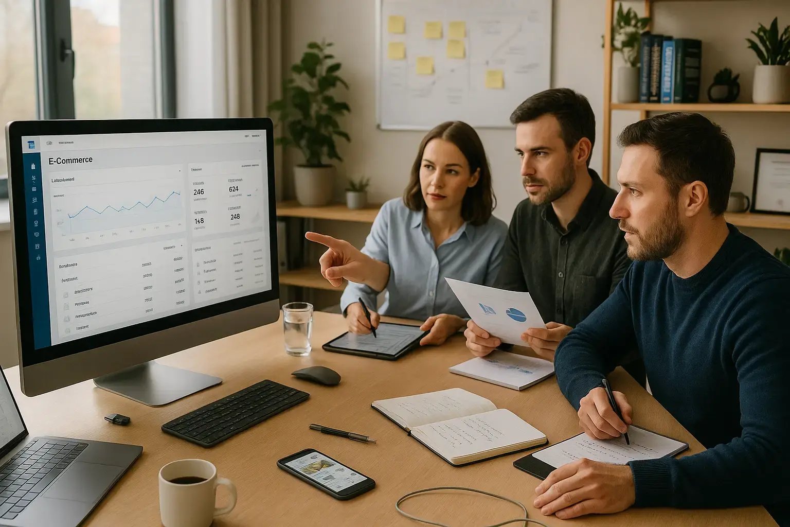 Team analysiert E-Commerce-Dashboard mit KPI-Übersicht und Trendgrafik am Monitor; Besprechung mit Notizen und Reports im Büro
