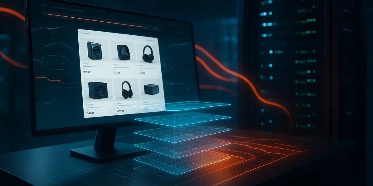 Computerbildschirm mit Onlineshop-Interface, darüber schwebende Datenebenen – Symbol für Backend-Struktur und E-Commerce-Technologie.