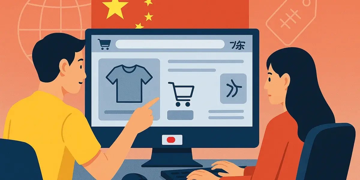 Illustration von zwei Personen, die gemeinsam einen chinesischen Online-Shop auf einem Bildschirm betrachten.