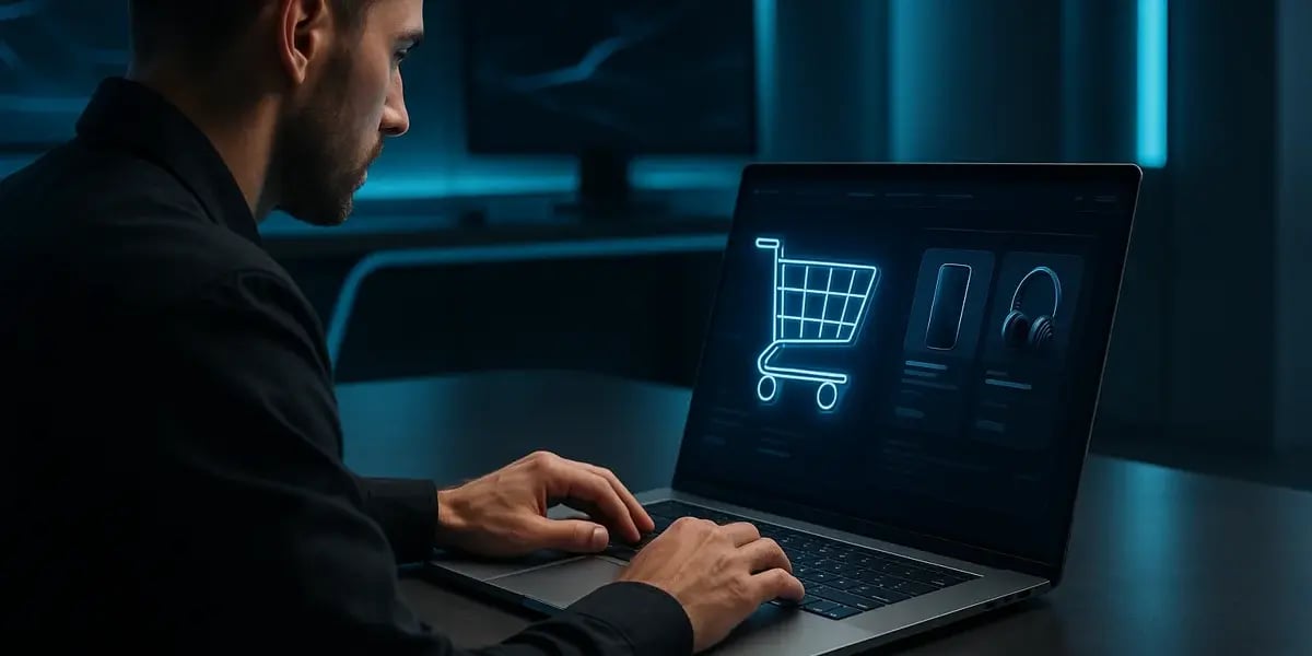 Mann arbeitet konzentriert am Laptop mit digitalem Einkaufswagensymbol – Darstellung von E-Commerce-Entwicklung oder Shop-Optimierung.