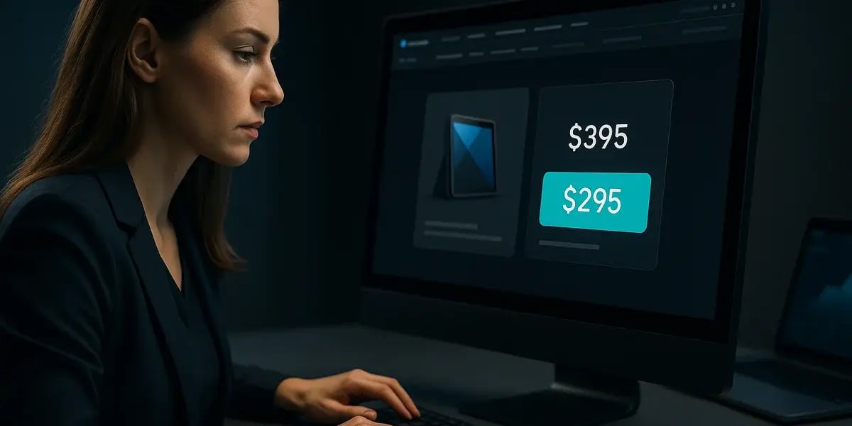 Frau analysiert Produktpreise und Angebote auf einem Bildschirm – visuelle Darstellung von Preisoptimierung im Onlinehandel.