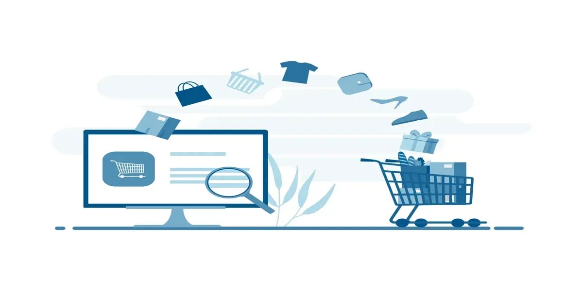 Digitale Darstellung des Online-Shoppings mit Einkaufswagen-Symbol im Zentrum, umgeben von Icons wie Kreditkarte, Lieferwagen und Schloss, vor einem Hintergrund aus Binärcode.