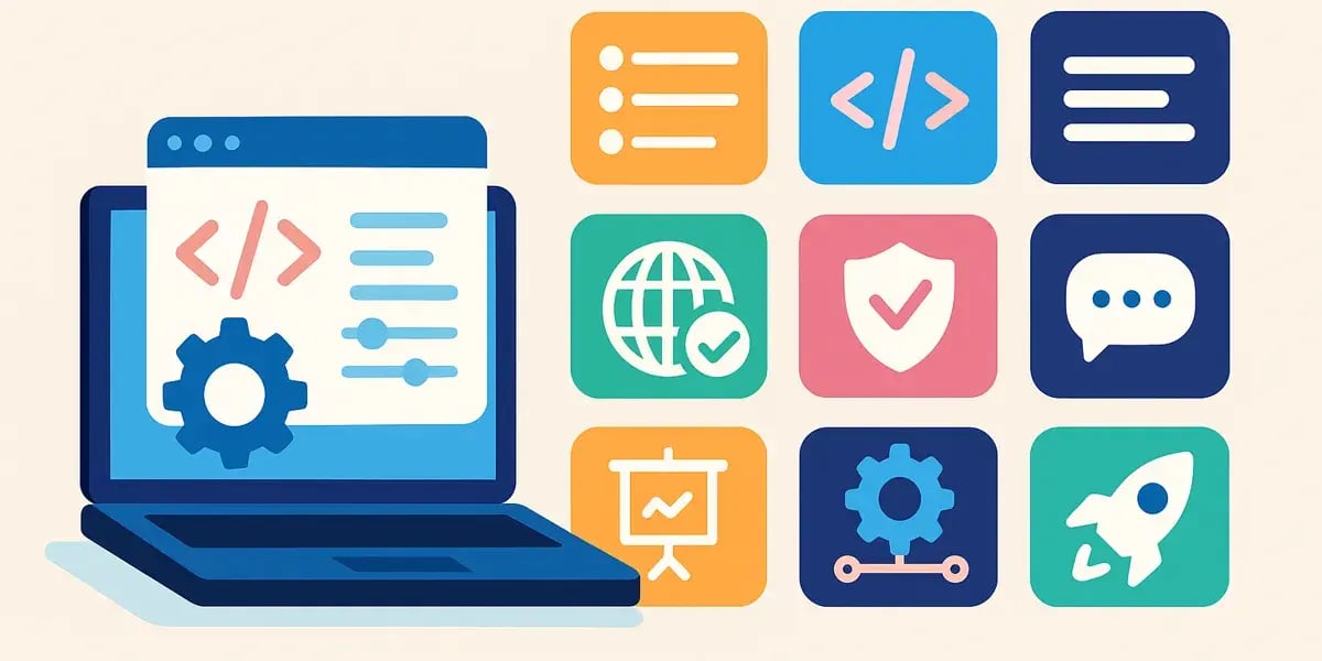 Illustration eines Laptops mit Entwickler-Interface und mehreren bunten Symbolen rund um Programmierung, Sicherheit, Kommunikation und Webtools.