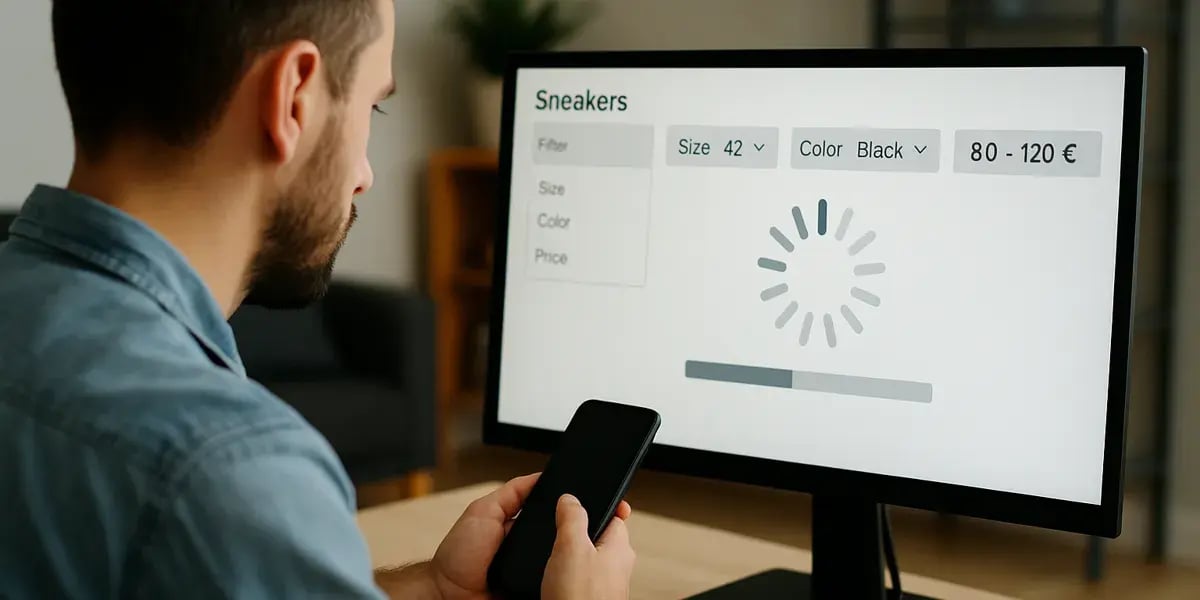 Mann sitzt vor einem Computerbildschirm, der eine Sneaker-Produktsuche mit Ladeanimation zeigt, während er ein Smartphone in der Hand hält.