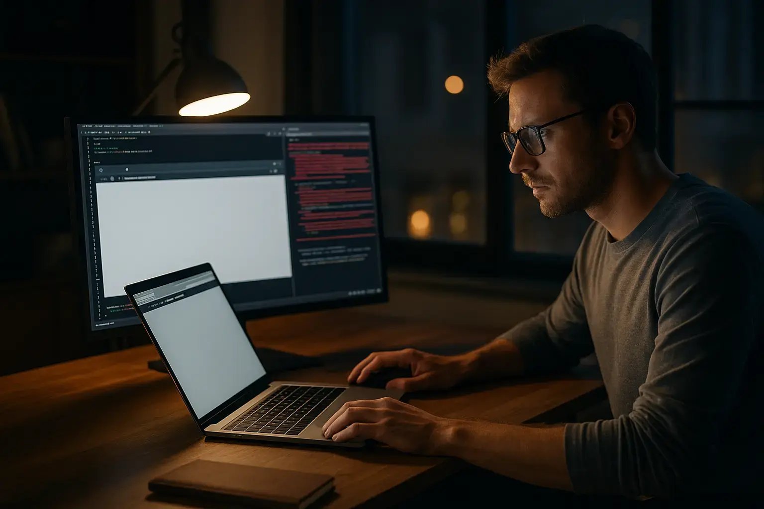 Ein Entwickler arbeitet spät nachts an seinem Laptop, während ein großer Bildschirm Codes anzeigt.