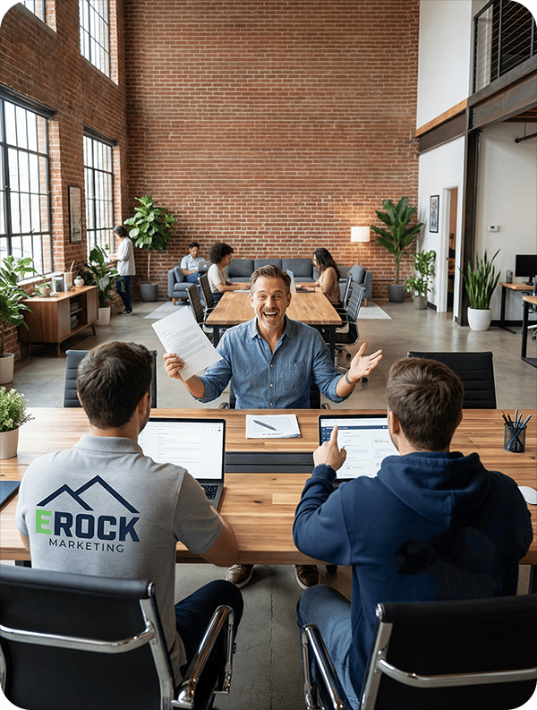 Beratungsgespräch zwischen drei Personen in einem großen Office 