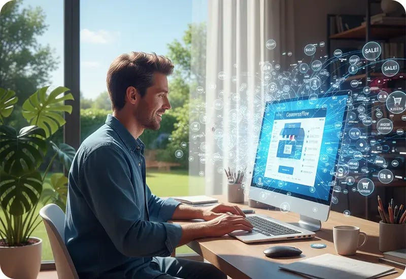 Mann arbeitet an einem Computer im Homeoffice, während digitale Symbole für Online-Handel und Verkauf auf dem Bildschirm sichtbar sind.