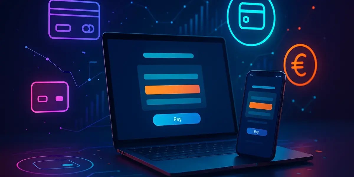Laptop und Smartphone mit leuchtendem Checkout-Screen in dunkler Umgebung, umgeben von neonfarbenen Zahlungssymbolen.