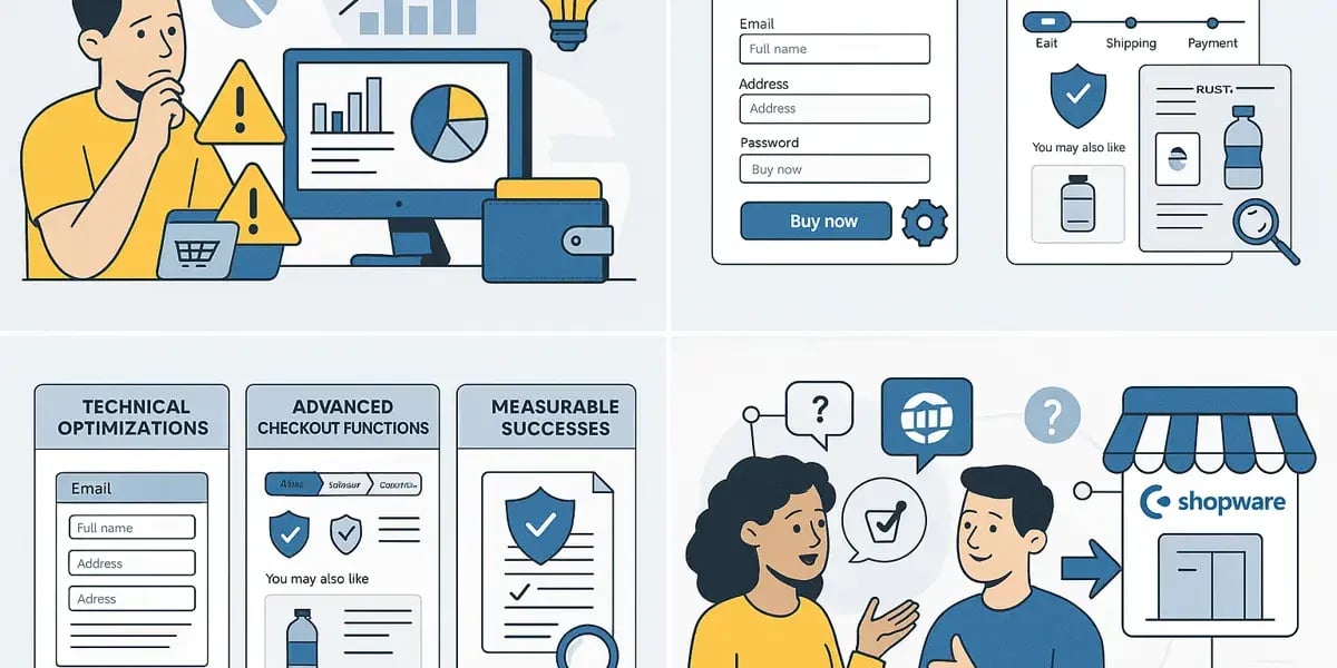 Infografik mit mehreren Illustrationen zu technischen Optimierungen, erweiterten Checkout-Funktionen und messbaren Erfolgen im E-Commerce.