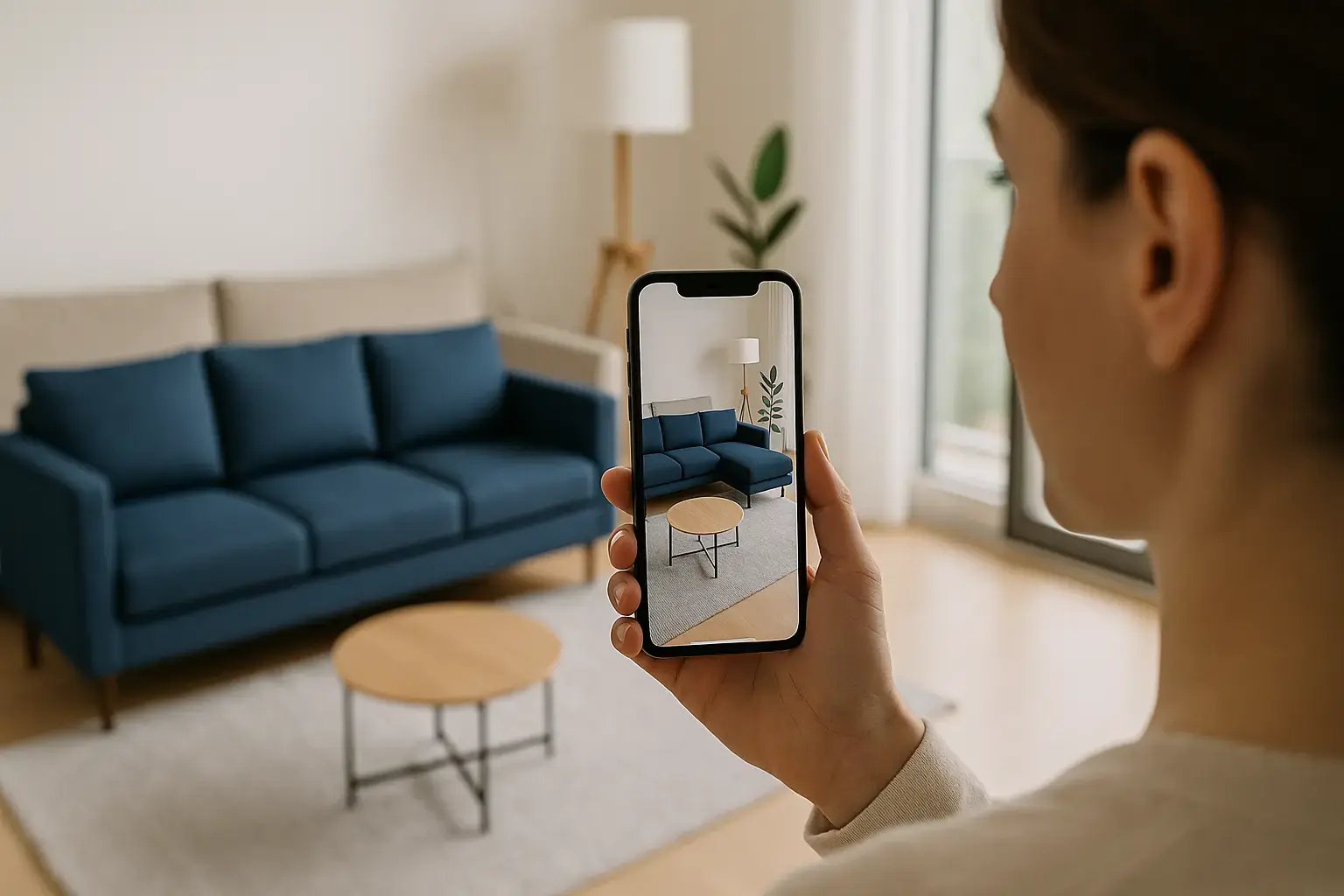 Frau überprüft ein Foto eines stilvollen Sofas mit ihrem Smartphone.